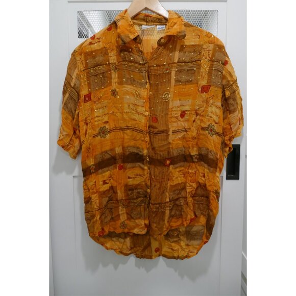 Vintage 90s Button Up Shirt Abstract Print Glass Beads Embroidery Safari Sheer - Picture 1 of 6